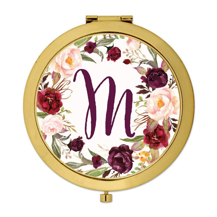 Andaz Press Marsala Burgundy Maroon Flowers on White Monogram Gold Compact Mirror-Set of 1-Andaz Press-M-