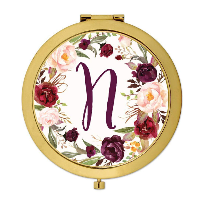 Andaz Press Marsala Burgundy Maroon Flowers on White Monogram Gold Compact Mirror-Set of 1-Andaz Press-N-