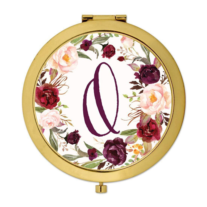 Andaz Press Marsala Burgundy Maroon Flowers on White Monogram Gold Compact Mirror-Set of 1-Andaz Press-O-
