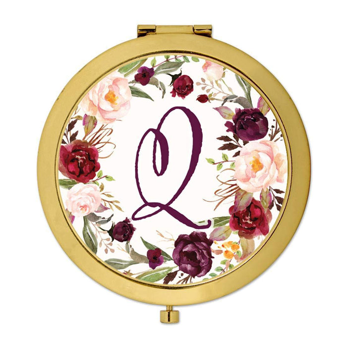 Andaz Press Marsala Burgundy Maroon Flowers on White Monogram Gold Compact Mirror-Set of 1-Andaz Press-Q-