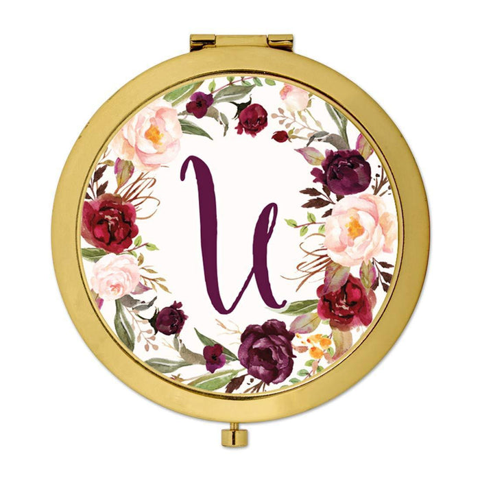 Andaz Press Marsala Burgundy Maroon Flowers on White Monogram Gold Compact Mirror-Set of 1-Andaz Press-U-
