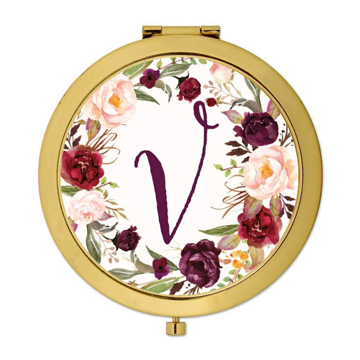 Andaz Press Marsala Burgundy Maroon Flowers on White Monogram Gold Compact Mirror-Set of 1-Andaz Press-V-