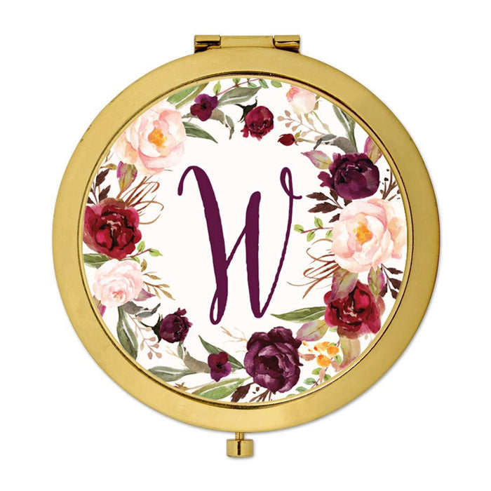 Andaz Press Marsala Burgundy Maroon Flowers on White Monogram Gold Compact Mirror-Set of 1-Andaz Press-W-