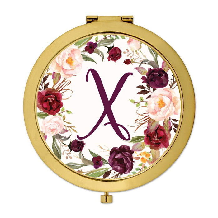 Andaz Press Marsala Burgundy Maroon Flowers on White Monogram Gold Compact Mirror-Set of 1-Andaz Press-X-