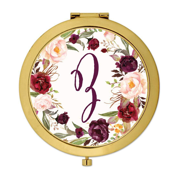 Andaz Press Marsala Burgundy Maroon Flowers on White Monogram Gold Compact Mirror-Set of 1-Andaz Press-Z-