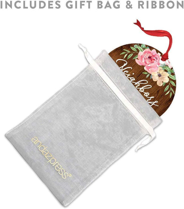 Andaz Press Metal Christmas Ornament, Neighbors by Chance, Friends by Choice, Floral Graphic-Set of 1-Andaz Press-Neighbors by Chance Friends by Choice Floral Graphic-