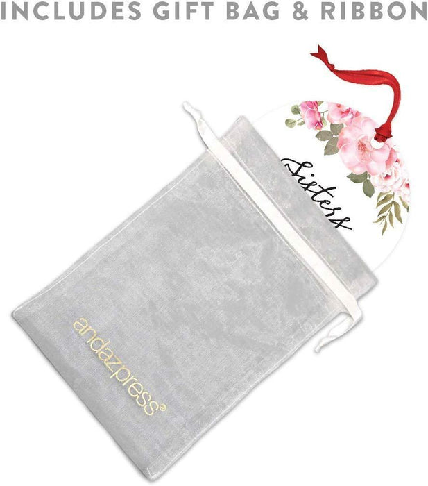 Andaz Press Metal Christmas Ornament, Sisters by Chance, Friends by Choice, Floral Graphic-Set of 1-Andaz Press-Sisters by Chance Friends by Choice Floral Graphic-