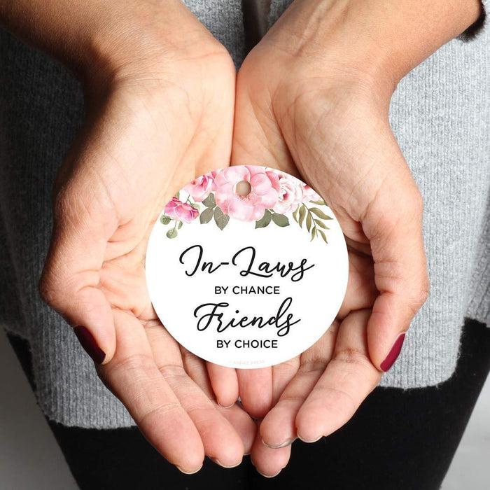 Andaz Press Metal Christmas Ornament, in-Laws by Chance, Friends by Choice, Floral Graphic-Set of 1-Andaz Press-in-Laws by Chance Friends by Choice Floral Graphic-