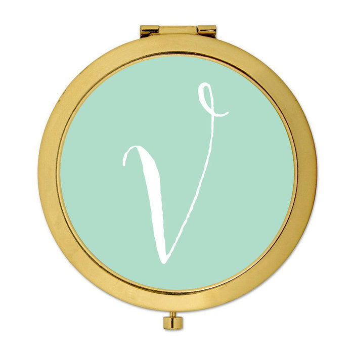 Andaz Press Mint Green Monogram Gold 2.75 inch round Compact Mirror-Set of 1-Andaz Press-V-