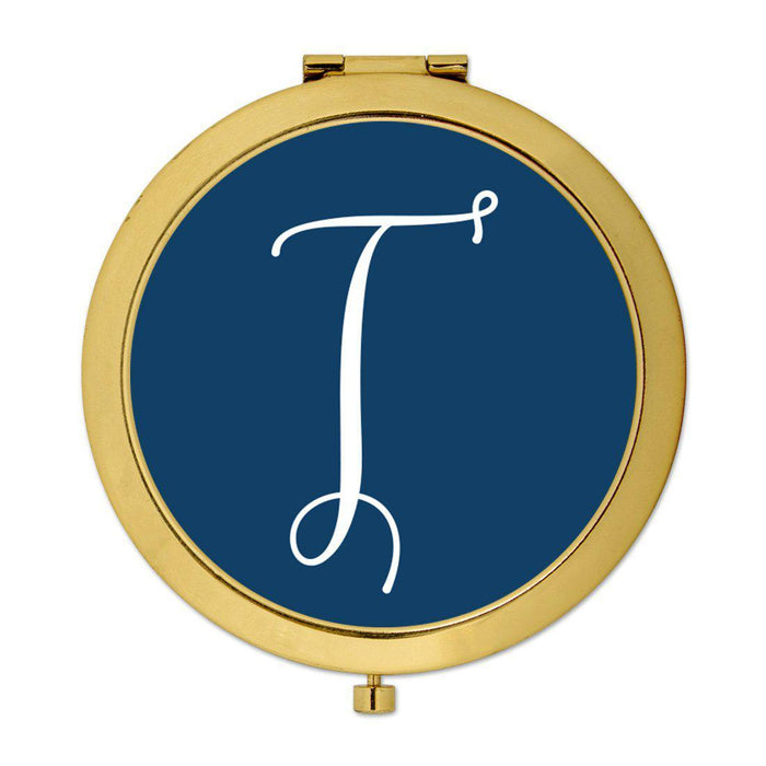 Andaz Press Navy Blue Monogram Gold 2.75 inch Round Compact Mirror-Set of 1-Andaz Press-A-
