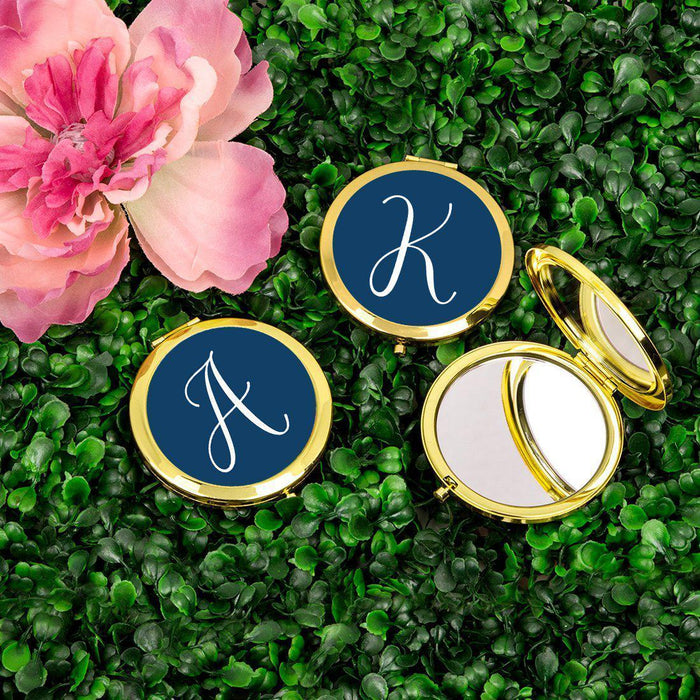 Andaz Press Navy Blue Monogram Gold 2.75 inch Round Compact Mirror-Set of 1-Andaz Press-A-