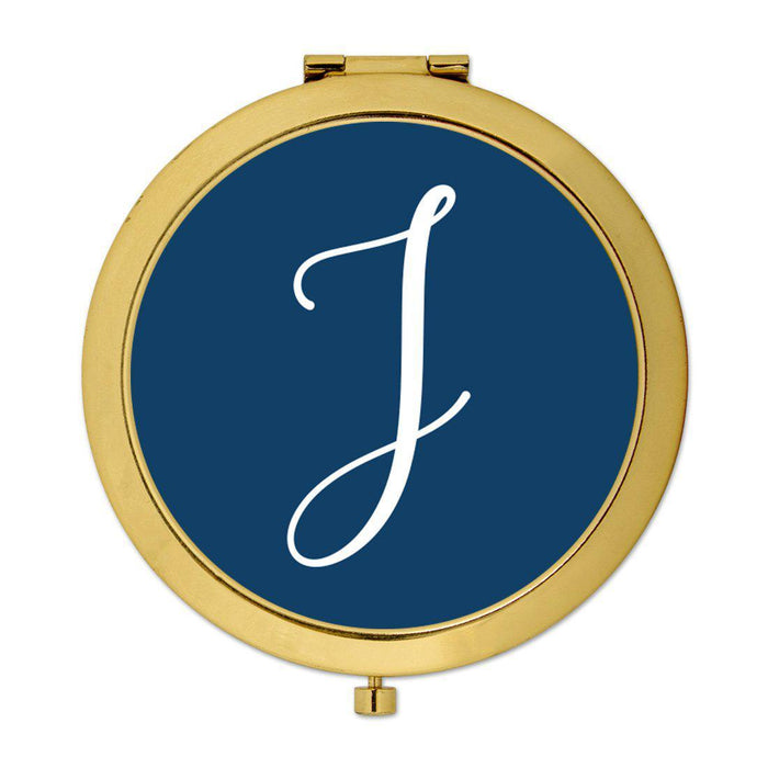 Andaz Press Navy Blue Monogram Gold 2.75 inch Round Compact Mirror-Set of 1-Andaz Press-J-