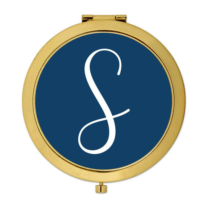 Andaz Press Navy Blue Monogram Gold 2.75 inch Round Compact Mirror-Set of 1-Andaz Press-S-