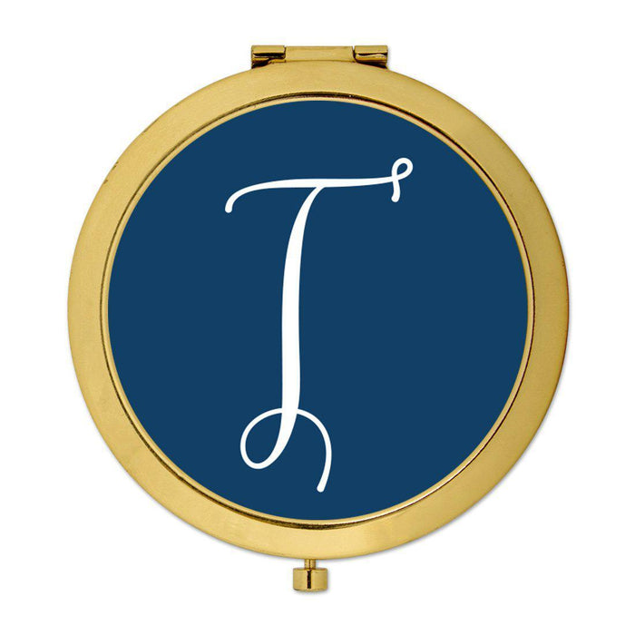 Andaz Press Navy Blue Monogram Gold 2.75 inch Round Compact Mirror-Set of 1-Andaz Press-T-