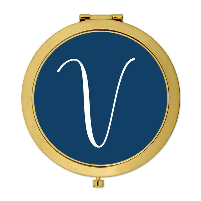 Andaz Press Navy Blue Monogram Gold 2.75 inch Round Compact Mirror-Set of 1-Andaz Press-V-