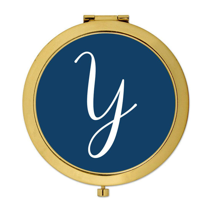 Andaz Press Navy Blue Monogram Gold 2.75 inch Round Compact Mirror-Set of 1-Andaz Press-Y-