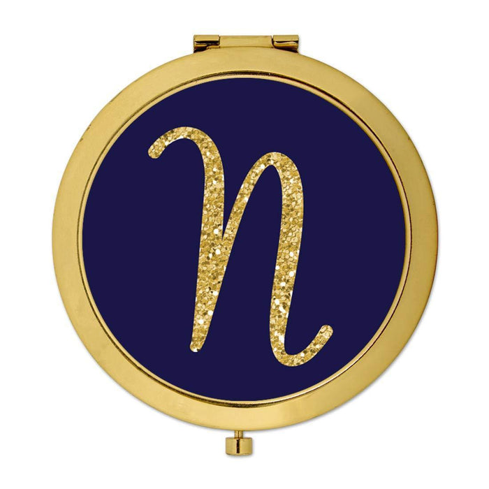 Andaz Press Navy Blue with Faux Gold Glitter Monogram Gold Compact Mirror-Set of 1-Andaz Press-A-