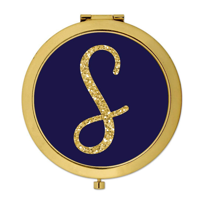 Andaz Press Navy Blue with Faux Gold Glitter Monogram Gold Compact Mirror-Set of 1-Andaz Press-A-
