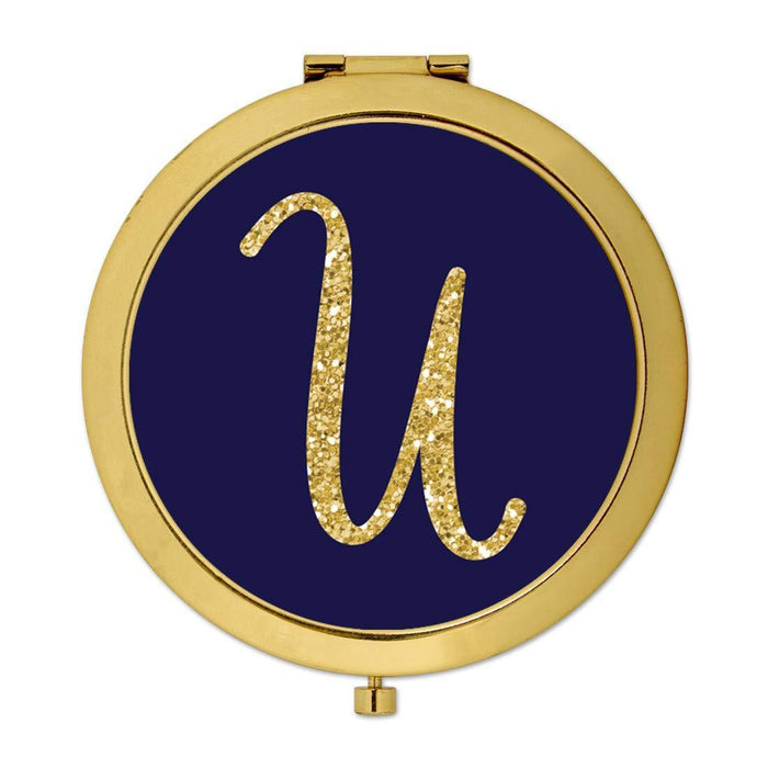 Andaz Press Navy Blue with Faux Gold Glitter Monogram Gold Compact Mirror-Set of 1-Andaz Press-A-