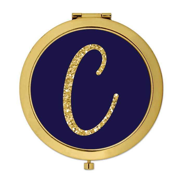 Andaz Press Navy Blue with Faux Gold Glitter Monogram Gold Compact Mirror-Set of 1-Andaz Press-A-
