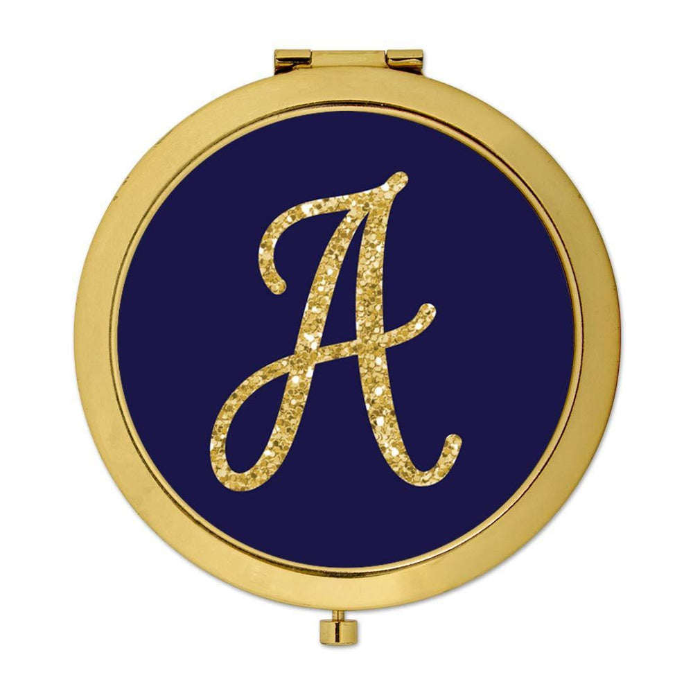 Andaz Press Navy Blue with Faux Gold Glitter Monogram Gold Compact Mirror-Set of 1-Andaz Press-A-