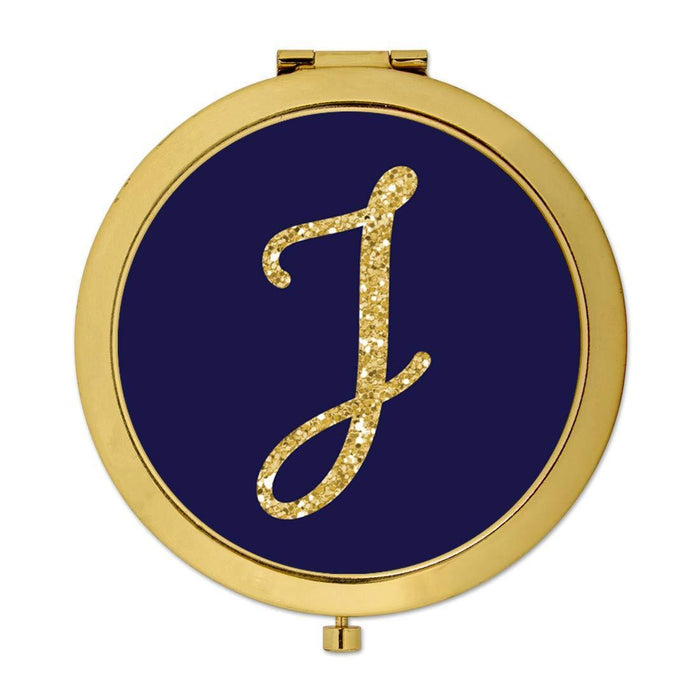 Andaz Press Navy Blue with Faux Gold Glitter Monogram Gold Compact Mirror-Set of 1-Andaz Press-J-
