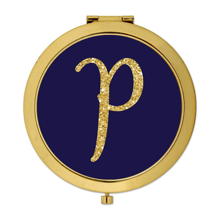 Andaz Press Navy Blue with Faux Gold Glitter Monogram Gold Compact Mirror-Set of 1-Andaz Press-P-