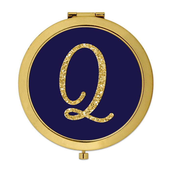 Andaz Press Navy Blue with Faux Gold Glitter Monogram Gold Compact Mirror-Set of 1-Andaz Press-Q-