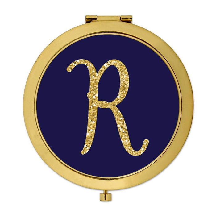 Andaz Press Navy Blue with Faux Gold Glitter Monogram Gold Compact Mirror-Set of 1-Andaz Press-R-