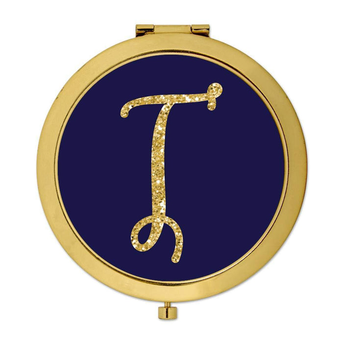 Andaz Press Navy Blue with Faux Gold Glitter Monogram Gold Compact Mirror-Set of 1-Andaz Press-T-