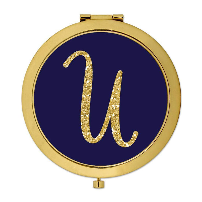 Andaz Press Navy Blue with Faux Gold Glitter Monogram Gold Compact Mirror-Set of 1-Andaz Press-U-