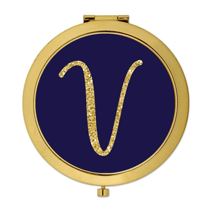 Andaz Press Navy Blue with Faux Gold Glitter Monogram Gold Compact Mirror-Set of 1-Andaz Press-V-