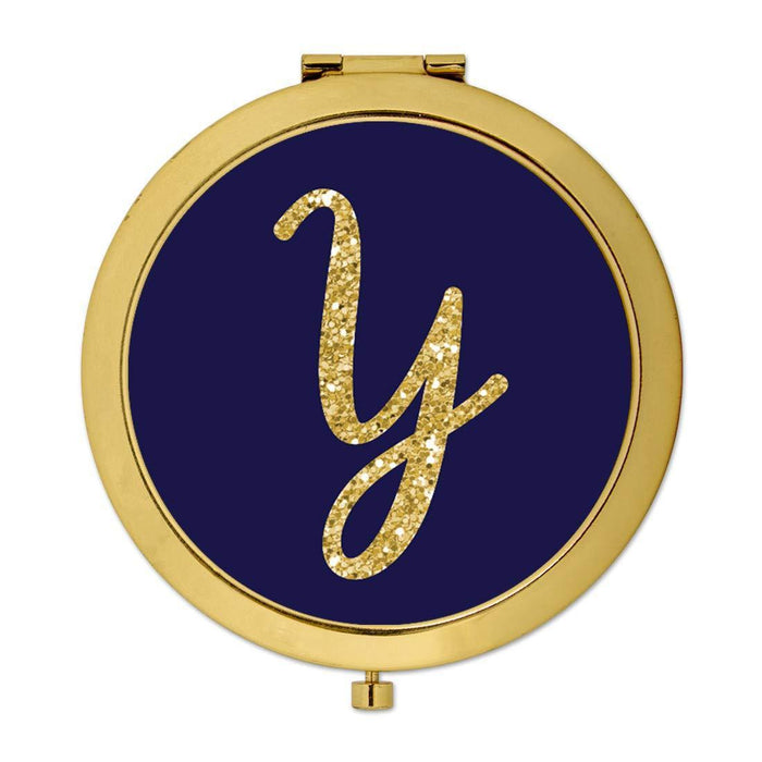Andaz Press Navy Blue with Faux Gold Glitter Monogram Gold Compact Mirror-Set of 1-Andaz Press-Y-