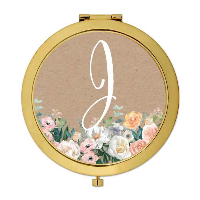 Andaz Press Peach Flower Florals on Kraft Brown Monogram Gold Compact Mirror-Set of 1-Andaz Press-A-
