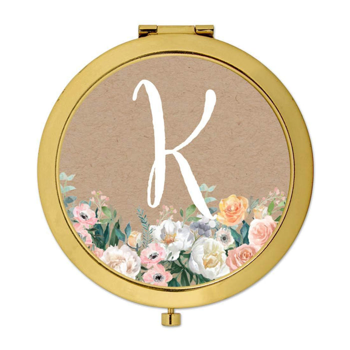 Andaz Press Peach Flower Florals on Kraft Brown Monogram Gold Compact Mirror-Set of 1-Andaz Press-A-