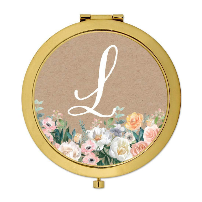 Andaz Press Peach Flower Florals on Kraft Brown Monogram Gold Compact Mirror-Set of 1-Andaz Press-A-