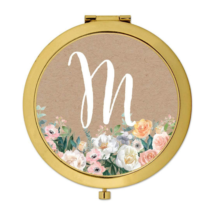 Andaz Press Peach Flower Florals on Kraft Brown Monogram Gold Compact Mirror-Set of 1-Andaz Press-A-