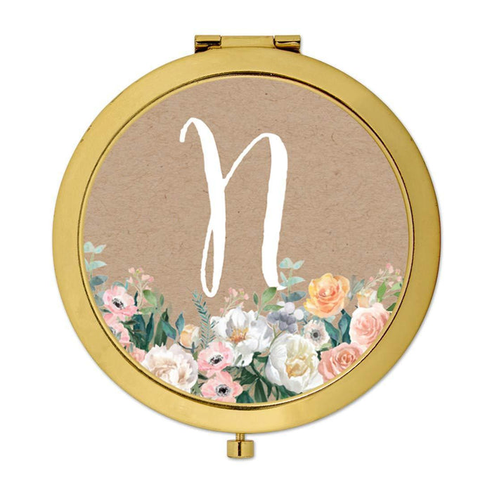 Andaz Press Peach Flower Florals on Kraft Brown Monogram Gold Compact Mirror-Set of 1-Andaz Press-A-