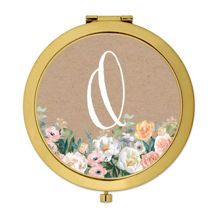 Andaz Press Peach Flower Florals on Kraft Brown Monogram Gold Compact Mirror-Set of 1-Andaz Press-A-