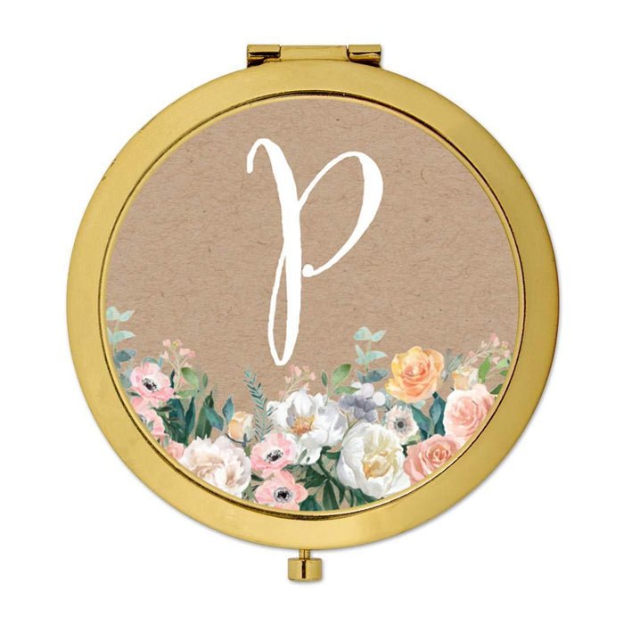 Andaz Press Peach Flower Florals on Kraft Brown Monogram Gold Compact Mirror-Set of 1-Andaz Press-A-