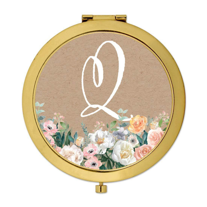 Andaz Press Peach Flower Florals on Kraft Brown Monogram Gold Compact Mirror-Set of 1-Andaz Press-A-