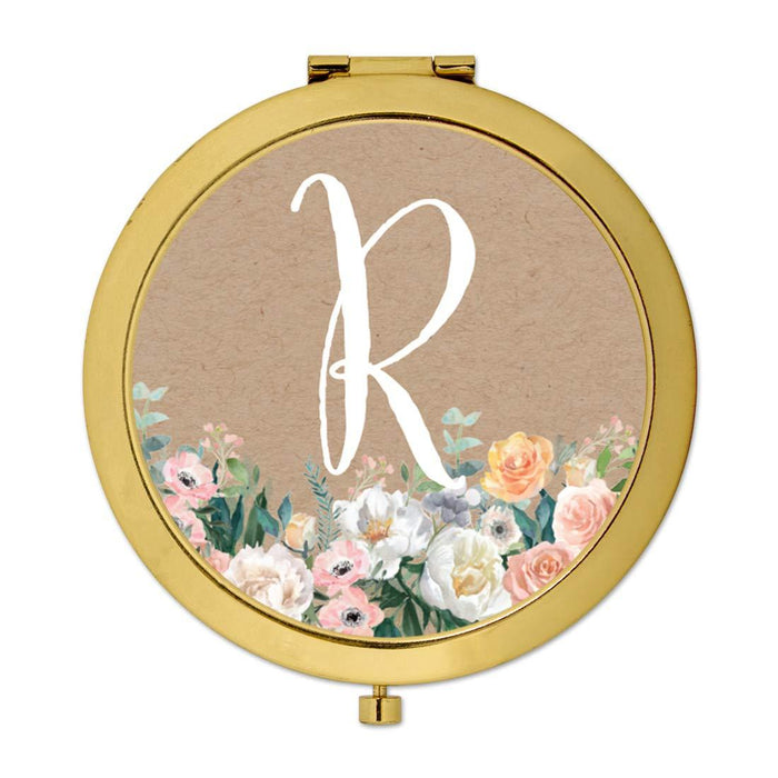 Andaz Press Peach Flower Florals on Kraft Brown Monogram Gold Compact Mirror-Set of 1-Andaz Press-A-