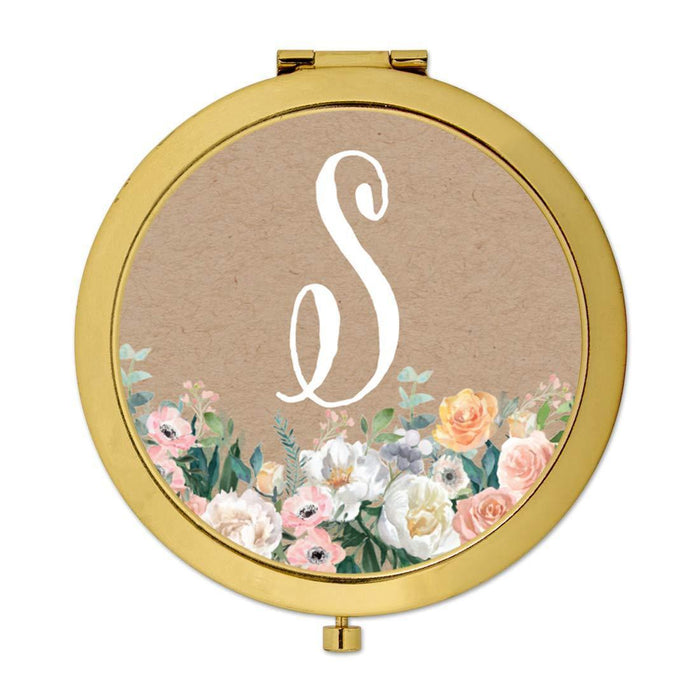 Andaz Press Peach Flower Florals on Kraft Brown Monogram Gold Compact Mirror-Set of 1-Andaz Press-A-