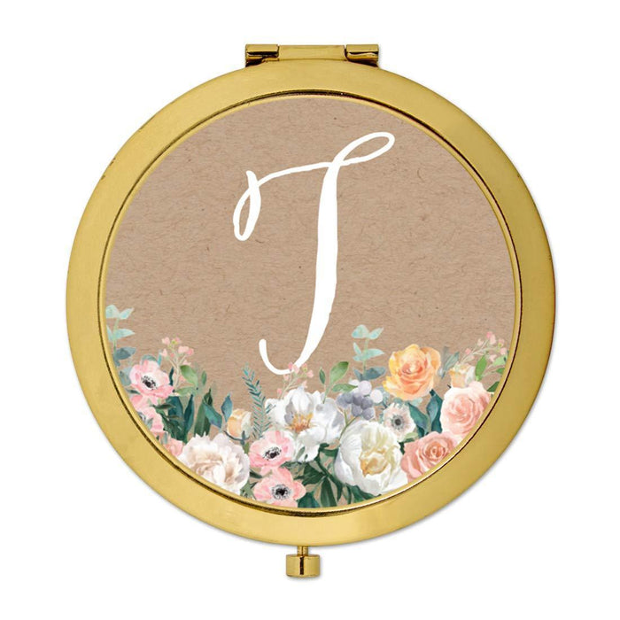 Andaz Press Peach Flower Florals on Kraft Brown Monogram Gold Compact Mirror-Set of 1-Andaz Press-A-
