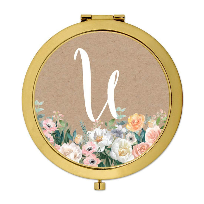 Andaz Press Peach Flower Florals on Kraft Brown Monogram Gold Compact Mirror-Set of 1-Andaz Press-A-