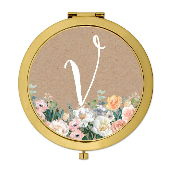 Andaz Press Peach Flower Florals on Kraft Brown Monogram Gold Compact Mirror-Set of 1-Andaz Press-A-