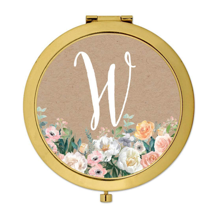 Andaz Press Peach Flower Florals on Kraft Brown Monogram Gold Compact Mirror-Set of 1-Andaz Press-A-