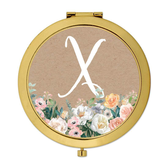 Andaz Press Peach Flower Florals on Kraft Brown Monogram Gold Compact Mirror-Set of 1-Andaz Press-A-