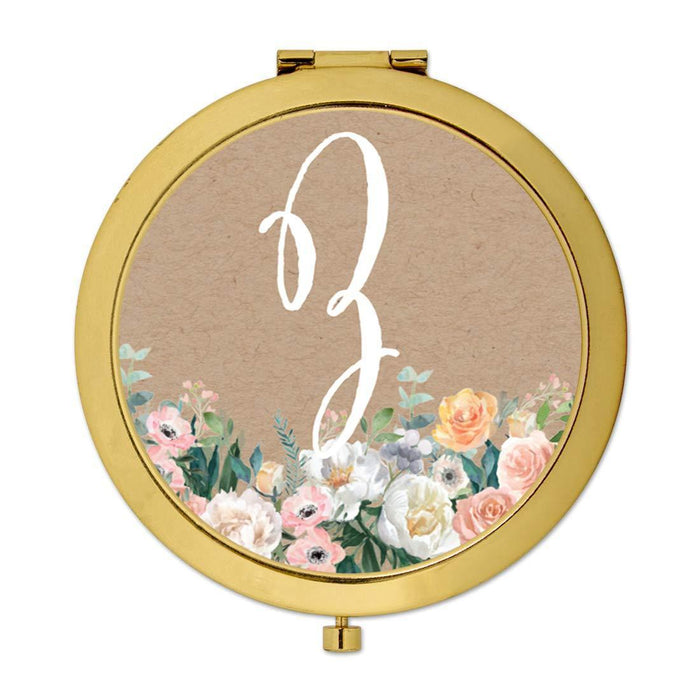Andaz Press Peach Flower Florals on Kraft Brown Monogram Gold Compact Mirror-Set of 1-Andaz Press-A-