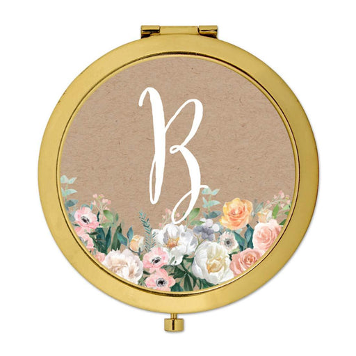 Andaz Press Peach Flower Florals on Kraft Brown Monogram Gold Compact Mirror-Set of 1-Andaz Press-A-